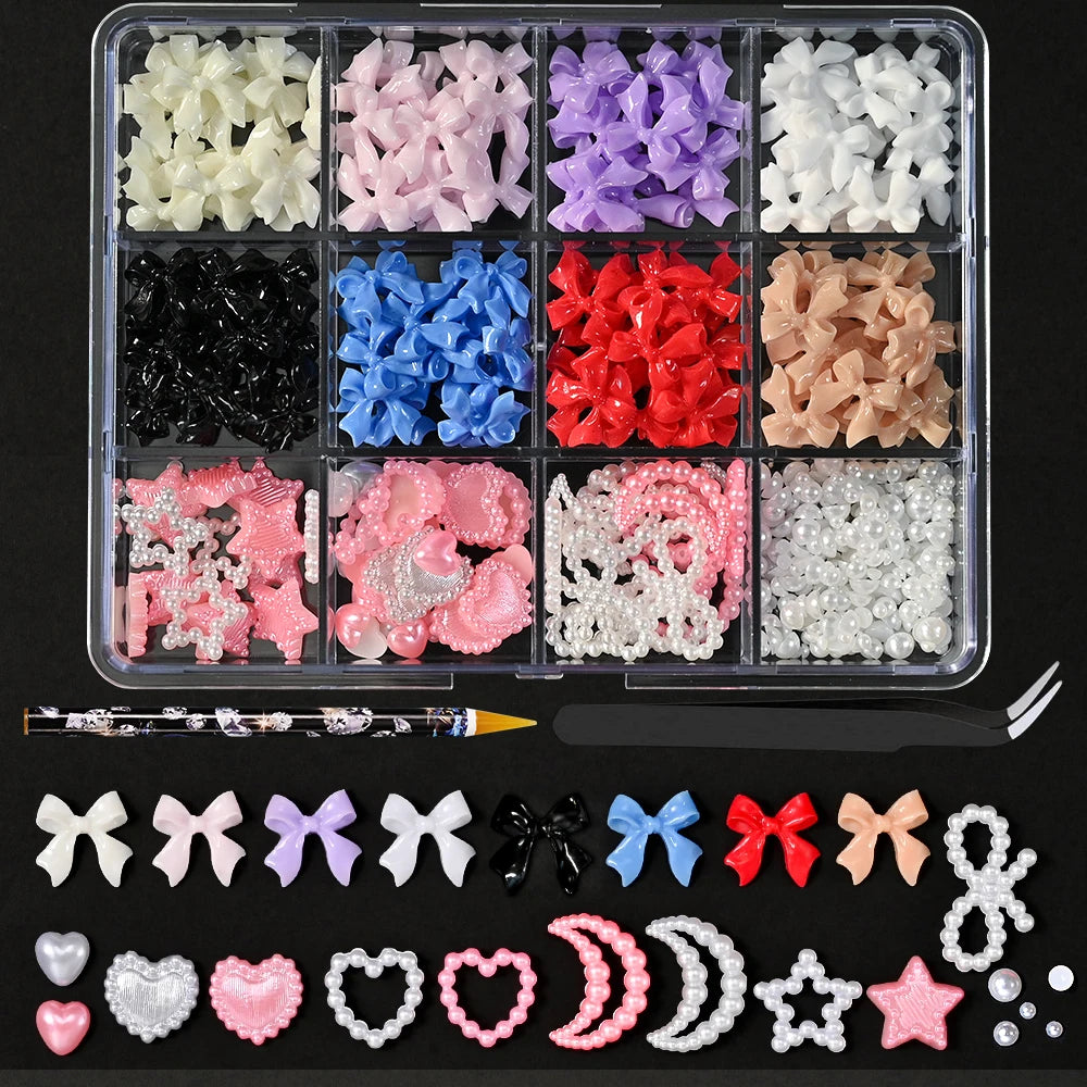 12Grid/Box Mixed Resin Bowknot Nail Charms 3D Colorful Bow Kawaii Rhinestone Nail Art Decorations DIY Manicure Parts Pen Tweezer