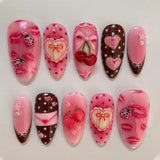 24PCS Medium Almond Press On Nails Wine Red Cute Cartoon Rabbit Bowknot Plaid Pearl False Nails Kawaii Nails Full Cover Wearable