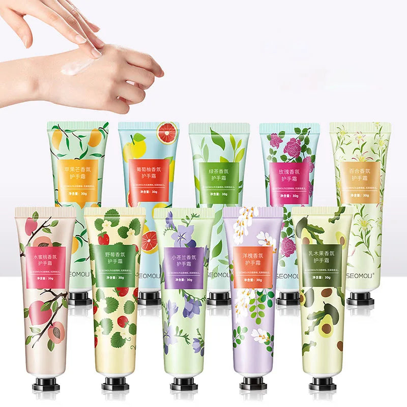 10pcs Fruity Flowery Hand Cream Moisturizing Nourishing Anti Chap Repairing Hands Care Beauty Skincare Hand Creams Sets