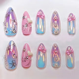 24PCS Medium Almond Press On Nails Wine Red Cute Cartoon Rabbit Bowknot Plaid Pearl False Nails Kawaii Nails Full Cover Wearable