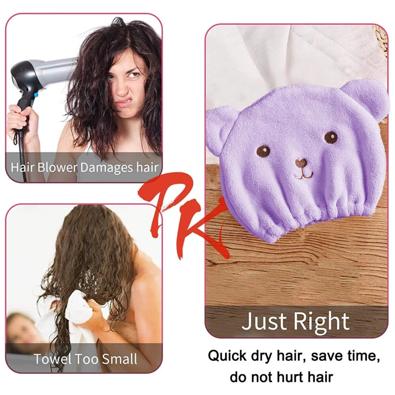 Super Absorbent Hair Drying Bath Towel Cap Cute Cartoon Bear Microfibre Soft Dry Hair Wrap Bathroom Accessories Bonnets