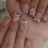 24Pcs 3D Embossed Carved Press‑on Nails European French Leopard Print Y2K Fake Nails Cool Girl Artificial Nail Tips for Party Wear