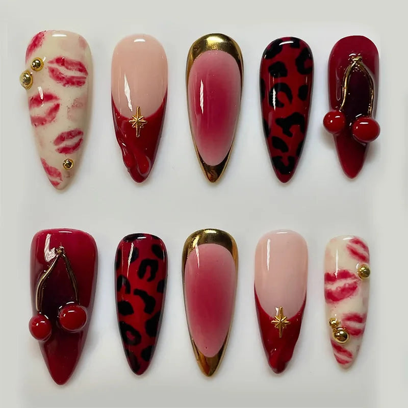 24pcs Wearable Press on Nails Strawberry Bow Design Nails Tips Red Short Almond Pearl Starlight Fake Nail Art Flower False Nails