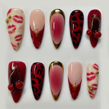 24pcs Wearable Press on Nails Strawberry Bow Design Nails Tips Red Short Almond Pearl Starlight Fake Nail Art Flower False Nails