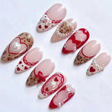 24PCS Medium Almond Press On Nails Wine Red Cute Cartoon Rabbit Bowknot Plaid Pearl False Nails Kawaii Nails Full Cover Wearable