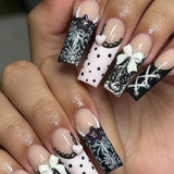 24Pcs Long Square Press on Nails Leopard Print French 3D Cherry Design False Nail Rhinestone Wearable Full Cover Fake Nails Tips