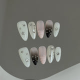 10pcs Handmade Korean Press on Nails Sweet Cool Star Pink White Fake Nail Tips Wearable Summer Night Sky Almond False Nails