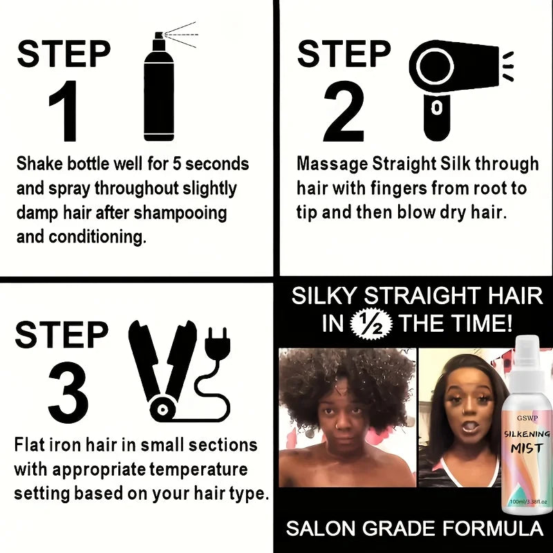 GSWP Silky Hair Spray is a leave-in treatment with heat protection, a pleasant fragrance, and leaves hair smooth and shiny.100ml