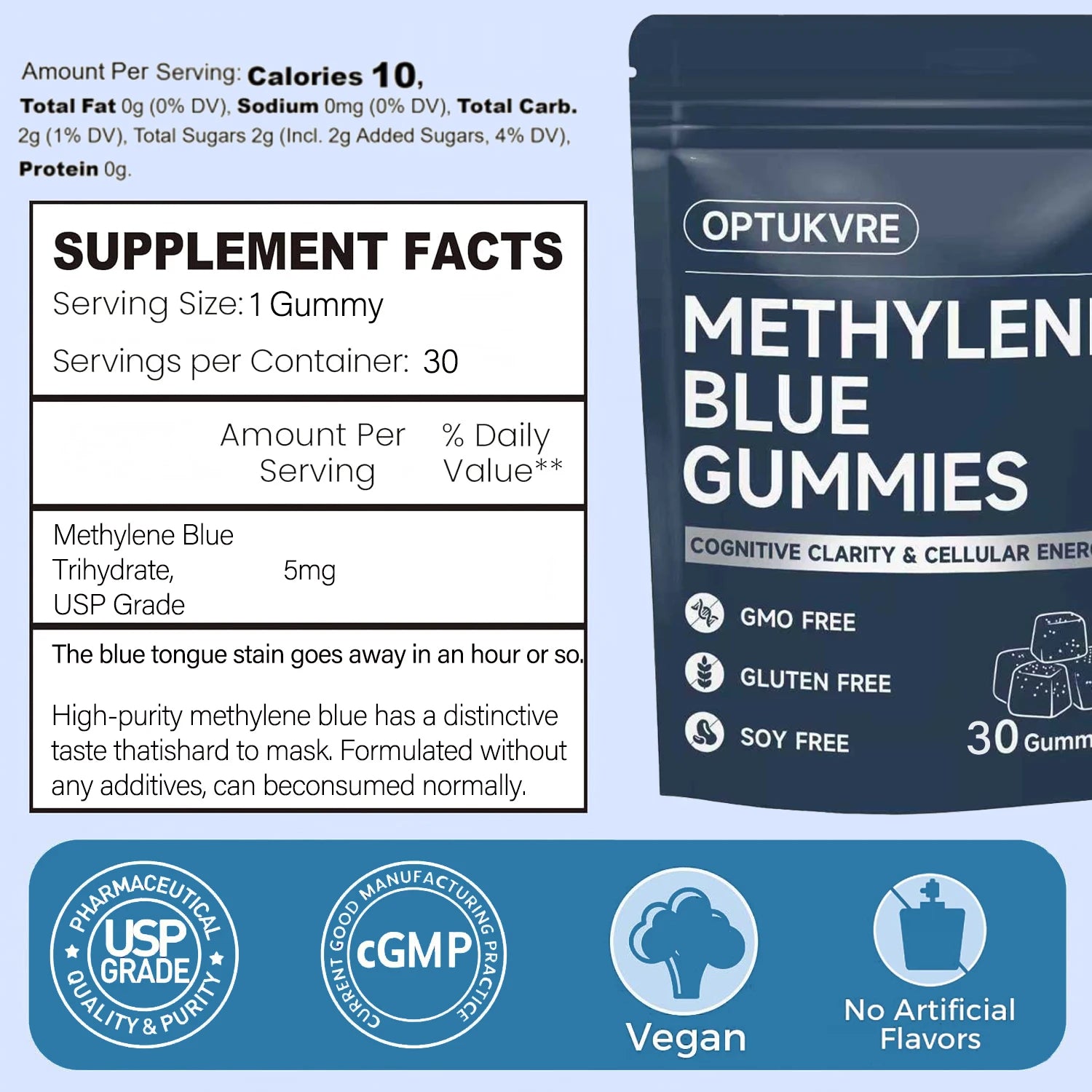 Methylene Blue Gummies Support for Focus & Clarity - UPS Grade Nootropic Supplement for Brain Health, Vegan, Non-GMO, 30 Gummies