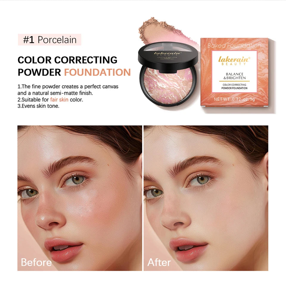 Demi Matte Natural Finish Baked Brighten Color Correcting Powder Foundation Buildable Light to Coverage Oil Control Makeup