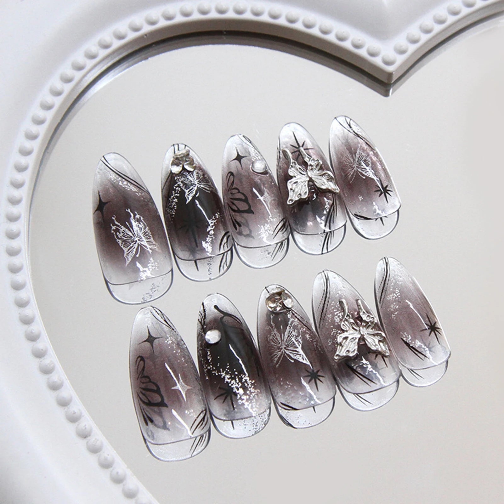 24PCS Long Press On NailsStiletto Black Silver Bowknot Dissymmetry Fake Nails Powder Full Cover Fake Nail Set Nails Art