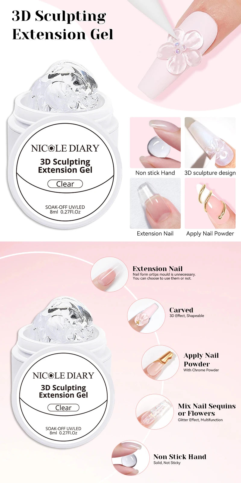 NICOLE DIARY White Non Stick Hand Extension Gel Nail Polish For 3D Shaping Carving Flower DIY Nail Art Extension Acrylic