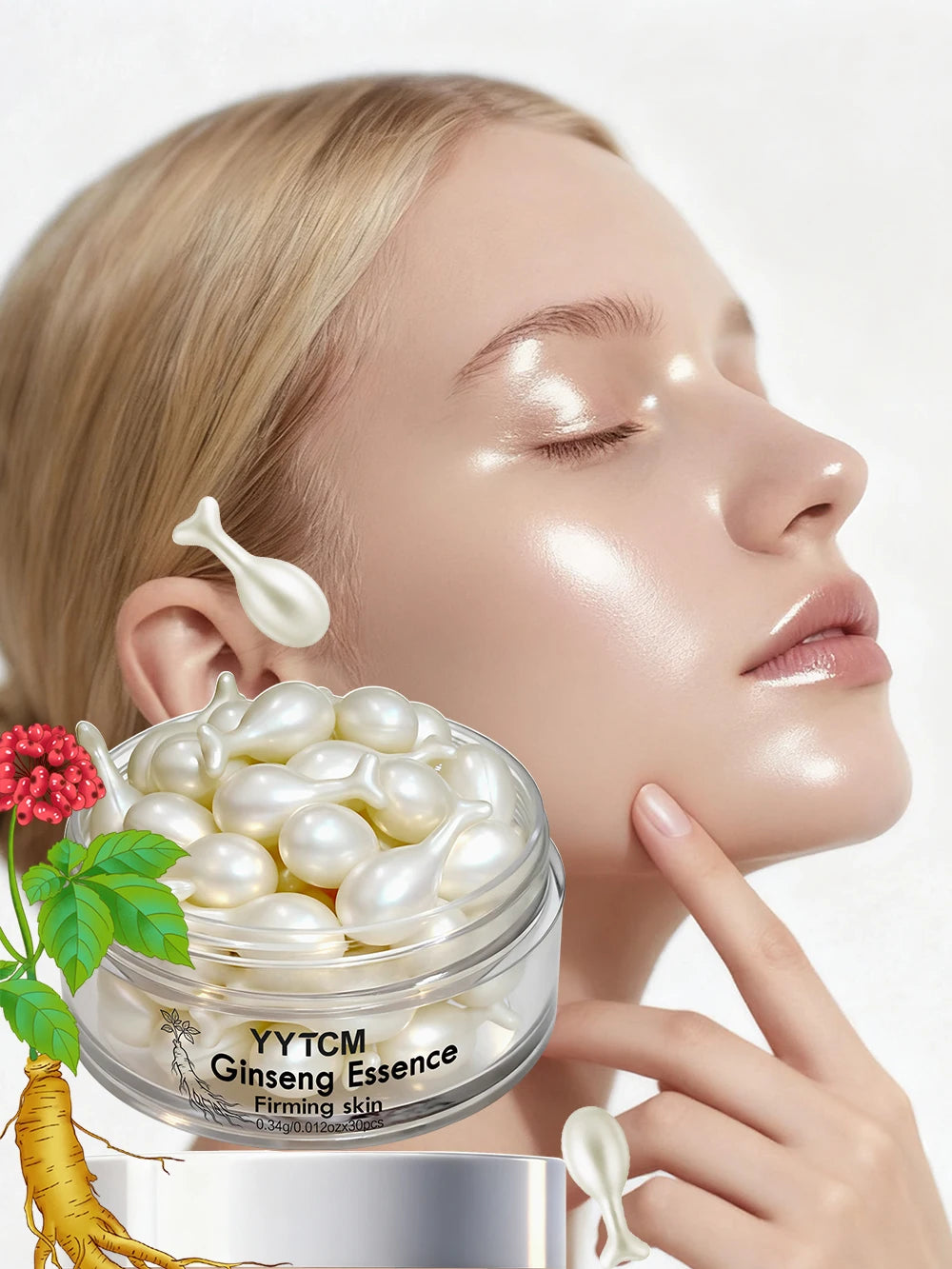 Ginseng Essence Capsules, Moisturizing and Firming Essence Serum, Contains Squalane, Niacinamide, Vitamin E, Retinol, Deep Hydration (0.34Gx30 Capsules)/Bottle-1 Bottle