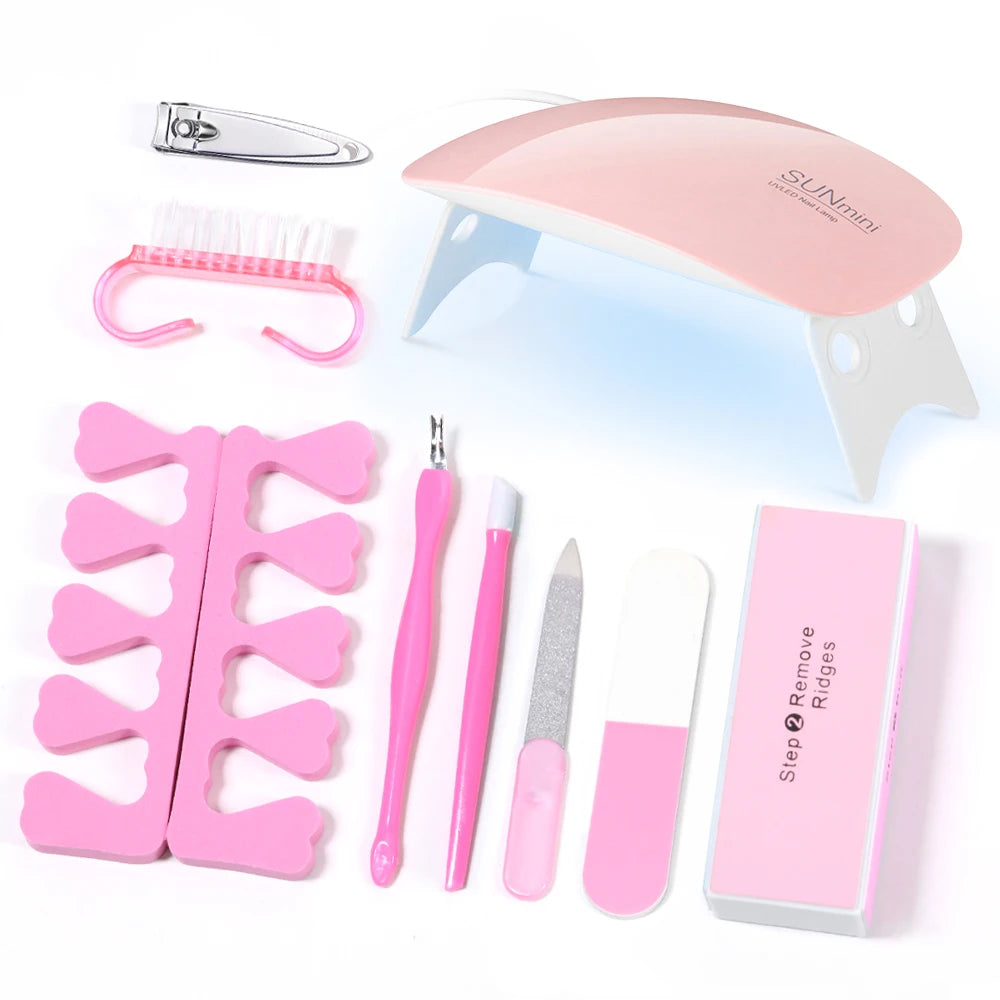 Professional Nail Art Kit with 54W UV Lamp Glue Dryer Polisher Dead Skin Remover Finger Separator Manicure Pedicure Home Use