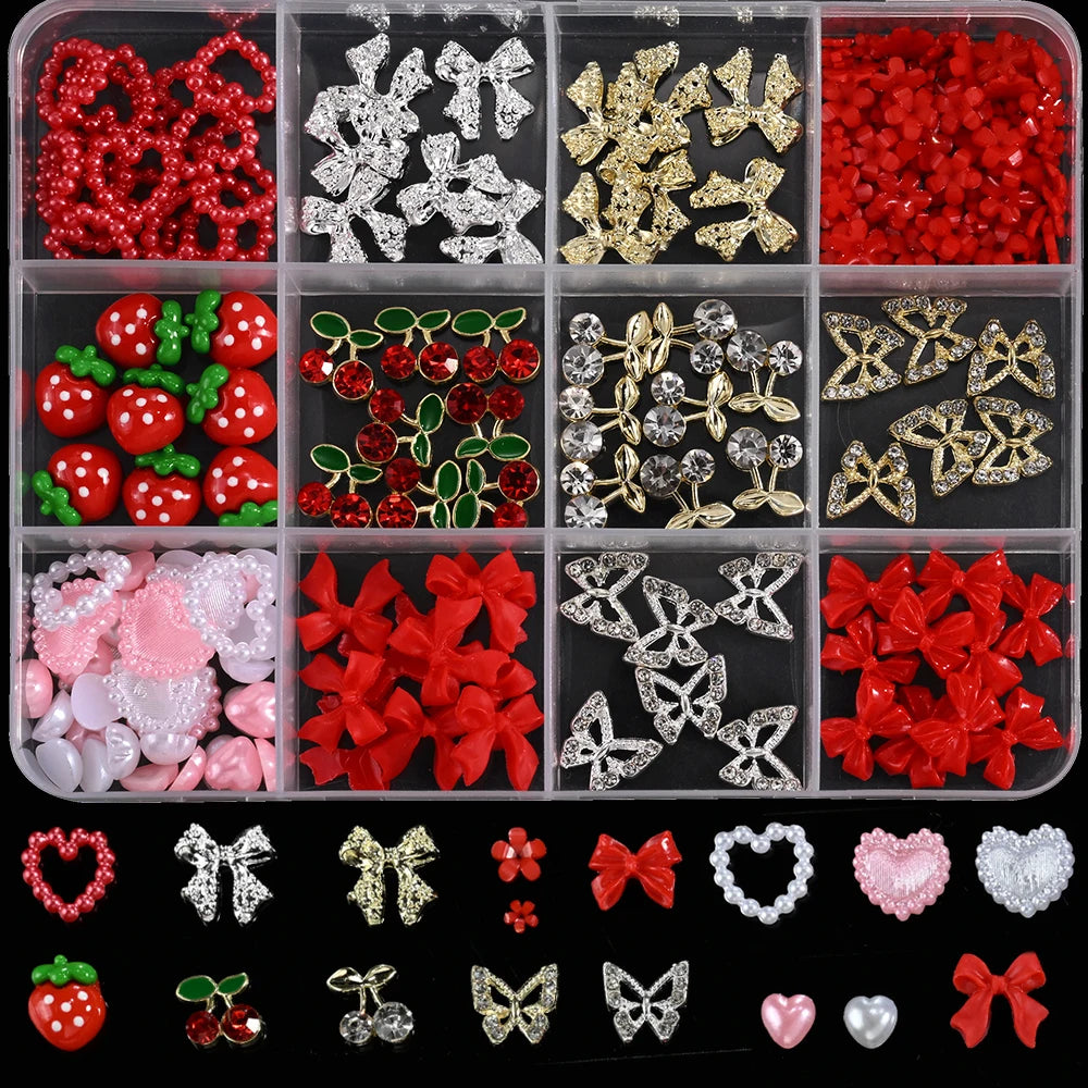12Grid/Box Mixed Resin Bowknot Nail Charms 3D Colorful Bow Kawaii Rhinestone Nail Art Decorations DIY Manicure Parts Pen Tweezer