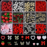 12Grid/Box Mixed Resin Bowknot Nail Charms 3D Colorful Bow Kawaii Rhinestone Nail Art Decorations DIY Manicure Parts Pen Tweezer