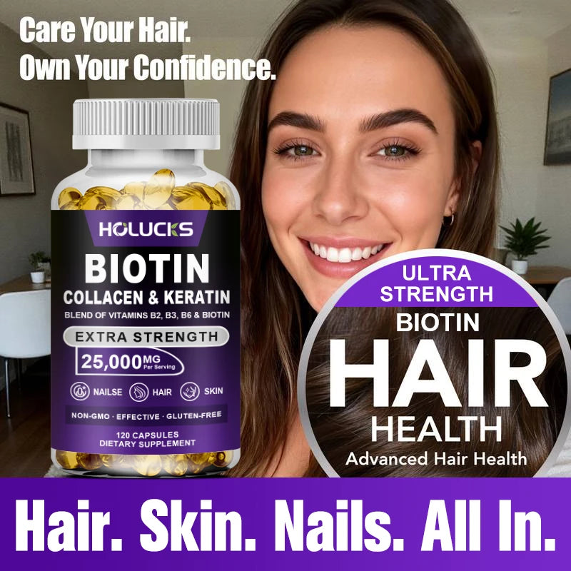 Biotin+Collagen+Keratin Capsules, Hydration, Promotes Hair Growth, Strengthens Weak Nails, Joints & Bones, Anti-Aging, Whitening