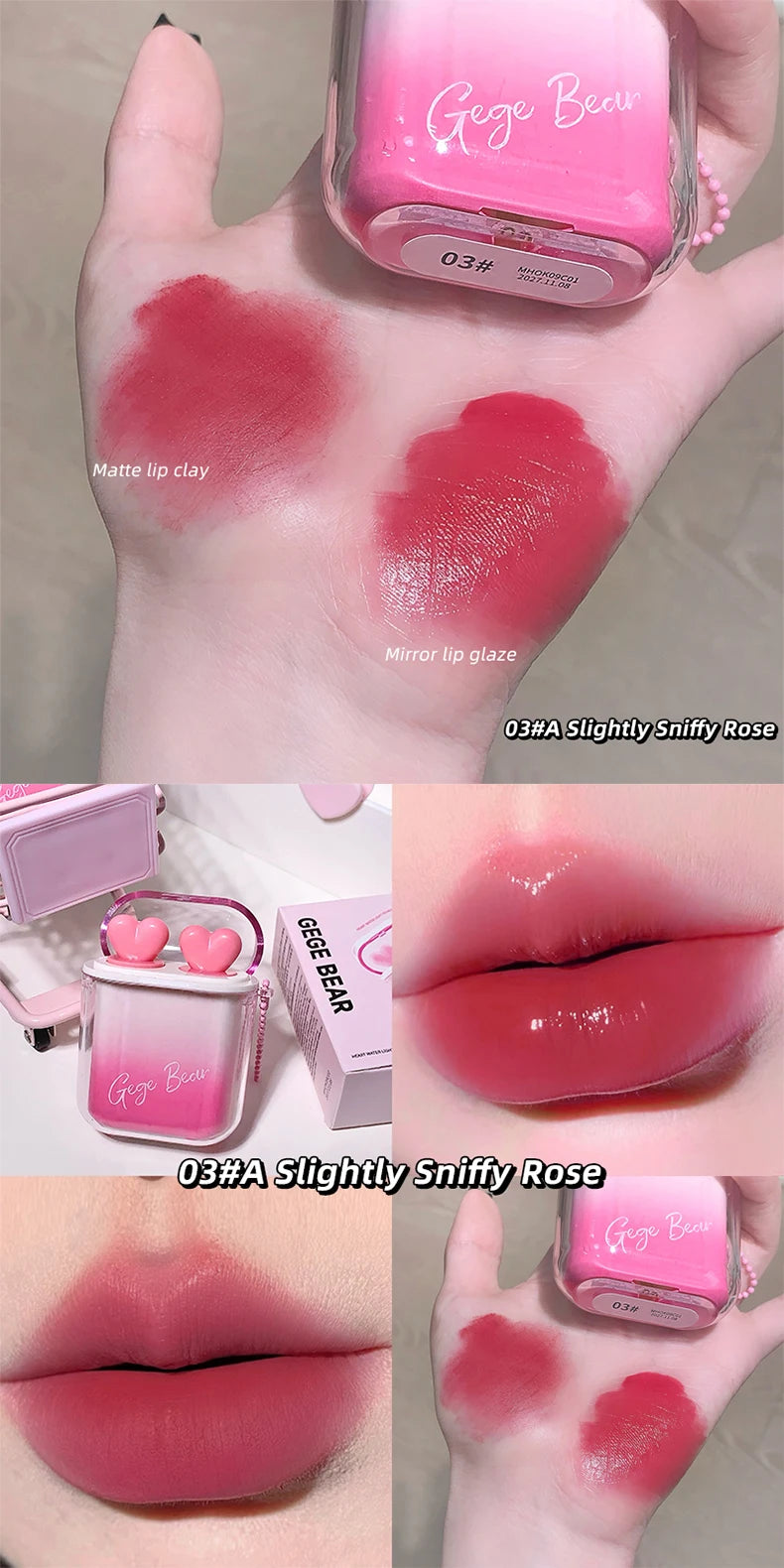 GEGE BEAR Heart-beating Water Gloss Velvet Matte Lip Glaze Combination Two-pack Mirror Matte Headphone Shaped Pendant Lip Glaze