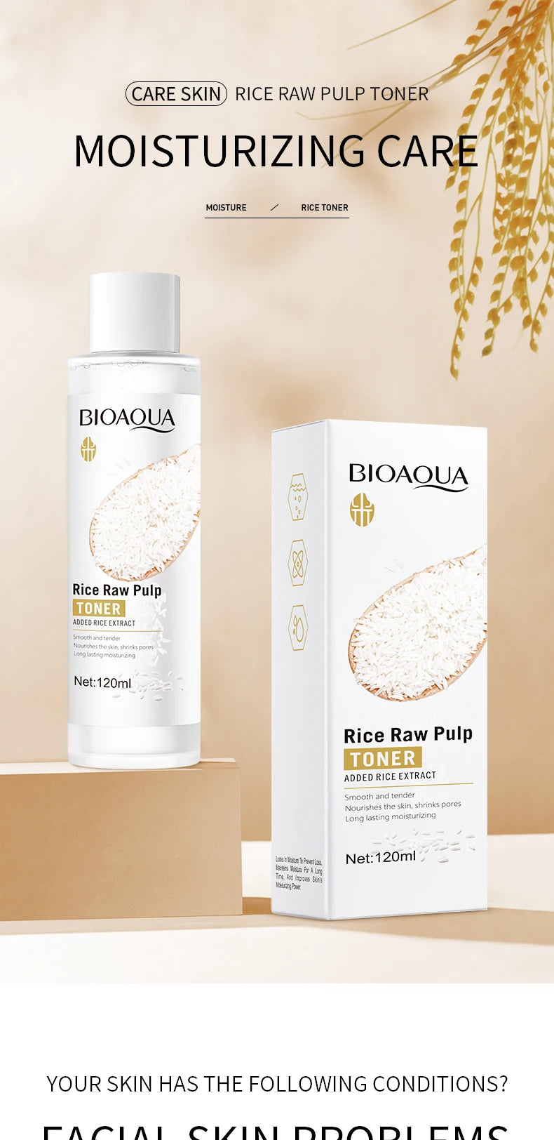 BIOAOUA Rice Raw Pulp Face Toner Moisturizing Water Brightening Lifting Deep Facial Cleanser For Young Glowy Korean Skin Care