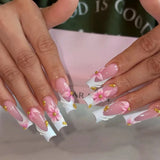 24Pcs Long Square Press on Nails Leopard Print French 3D Cherry Design False Nail Rhinestone Wearable Full Cover Fake Nails Tips