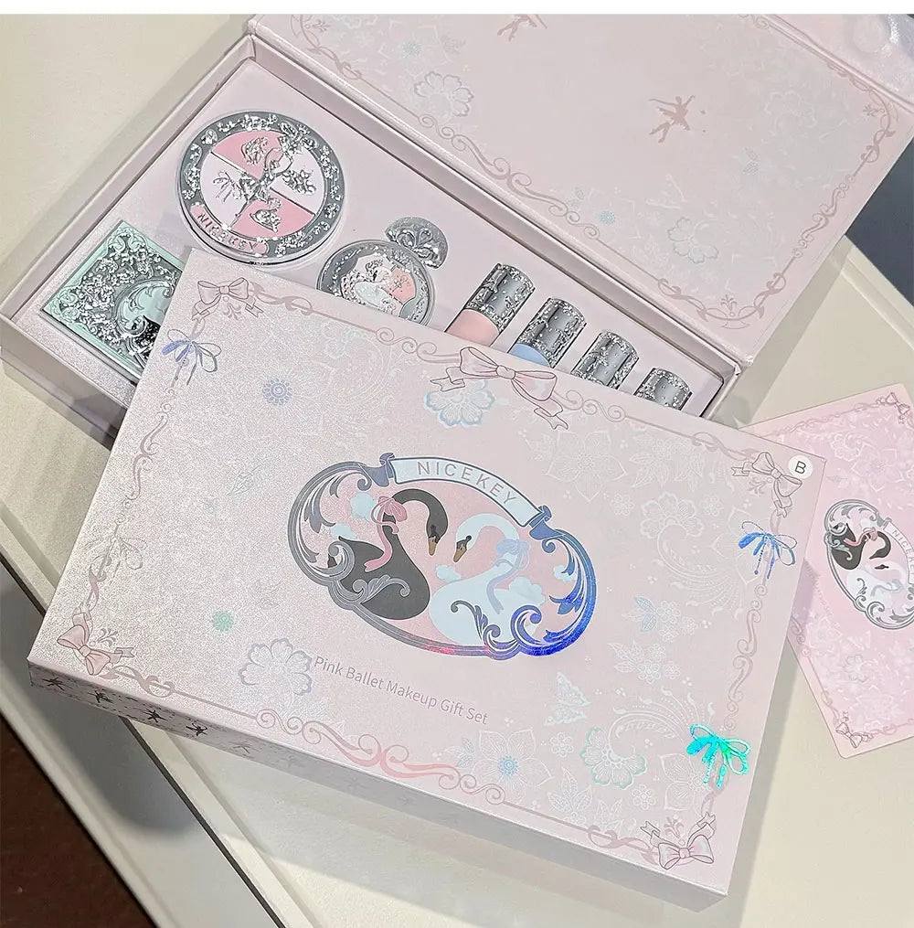 NICEKEY Pink Ballet Makeup Sets Include 4 Lip Mud,1 Blush,1 Pressed Powder,1 Eyes Palette,1 Contour Palette With Necklace Gift