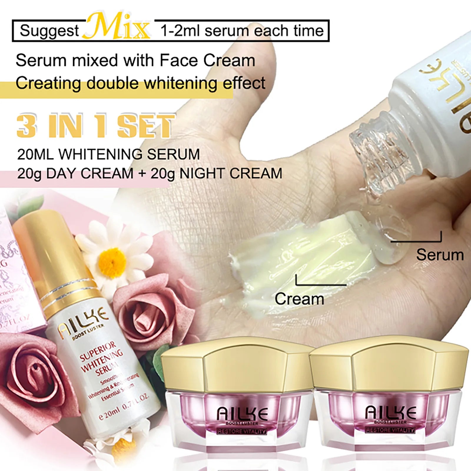 AILKE Lightening Facial Cream, Brightening, Reduce Spots, For Black and Dark Skin, Whitening Face Care Set for All Skin Types