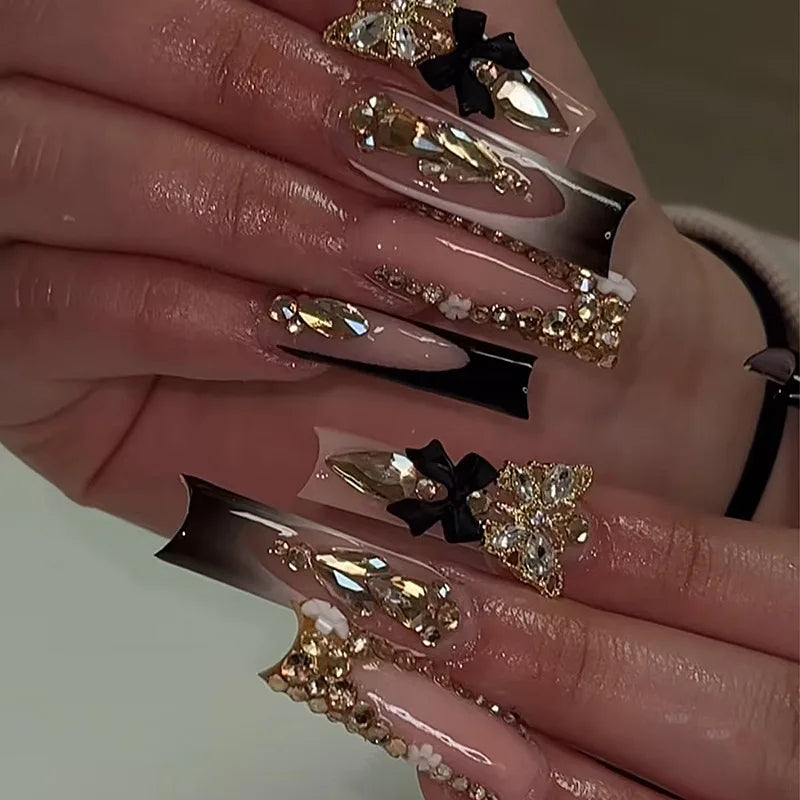 24Pcs Long Square Press on Nails Leopard Print French 3D Cherry Design False Nail Rhinestone Wearable Full Cover Fake Nails Tips