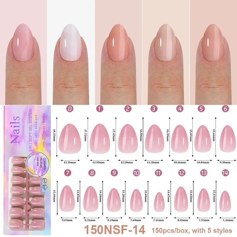 150Pcs/Box Acrylic Press on Nails Full Cover Fake False Tips Soft Gel Extension T-shaped Oval Capsule Almond Sculpted Salon DIY