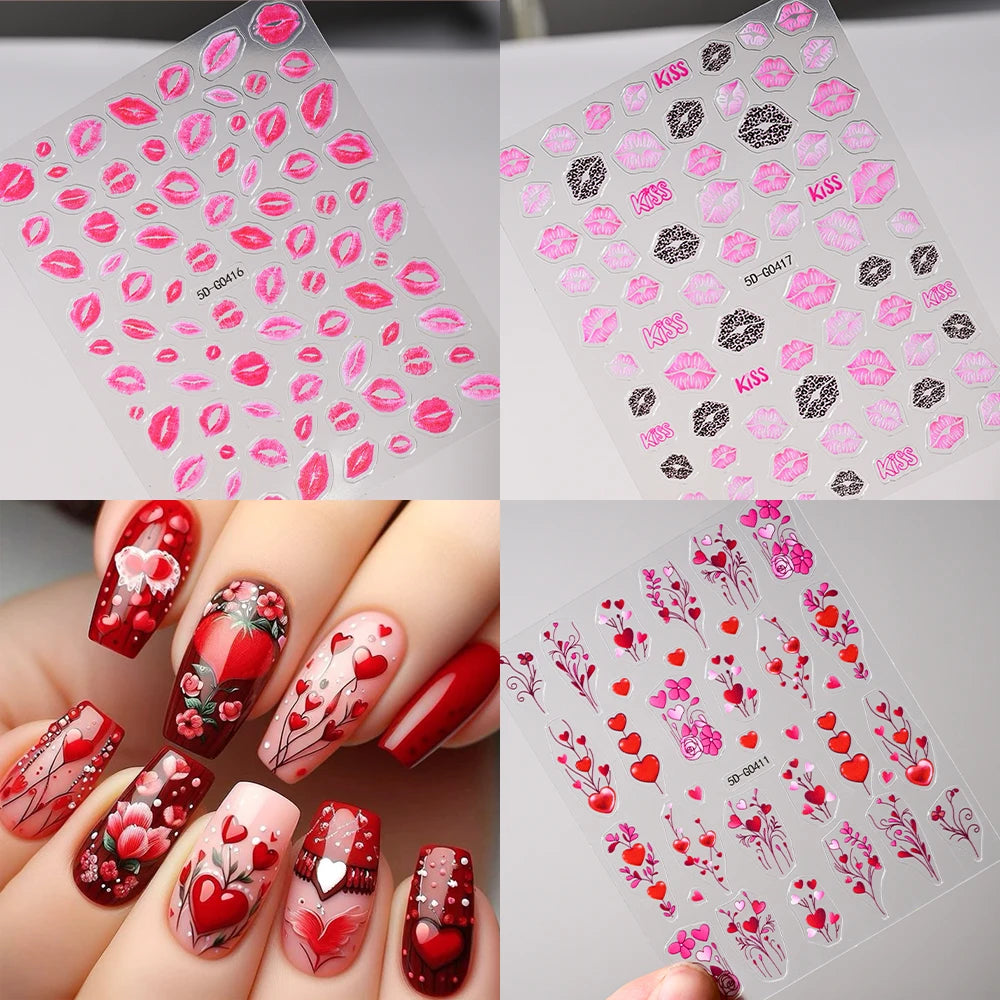 5D Embossed Sexy Red/Pink Lips Nail Stickers Self-Adhesive Blooming Red Lips Nail Decal Romantic Luxy Lady Lips Manicure Slider