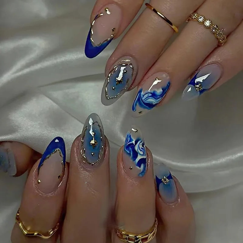 24pcs Romantic Y2k Star Press On Nails Gradient Blue French Style Gold Moon Designs Fake Nail Sweet Almond False Nails For Women
