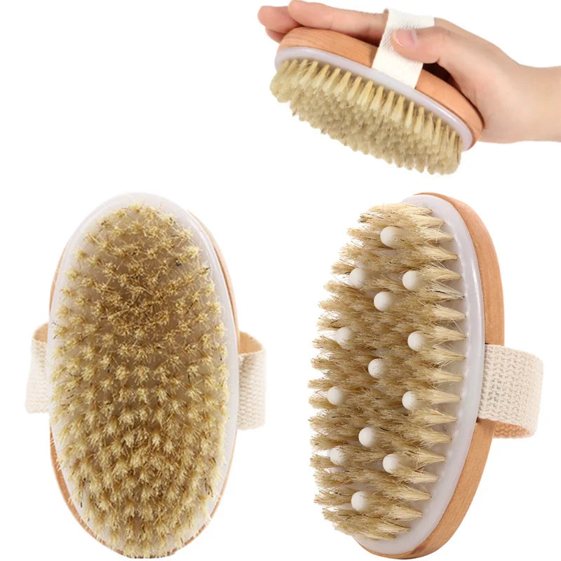 Skin Body Brush Natural Pig Bristles Dry Skin Exfoliating Body Massage Cleaning SPA Tool For Cellulite Lymphatic Drainag