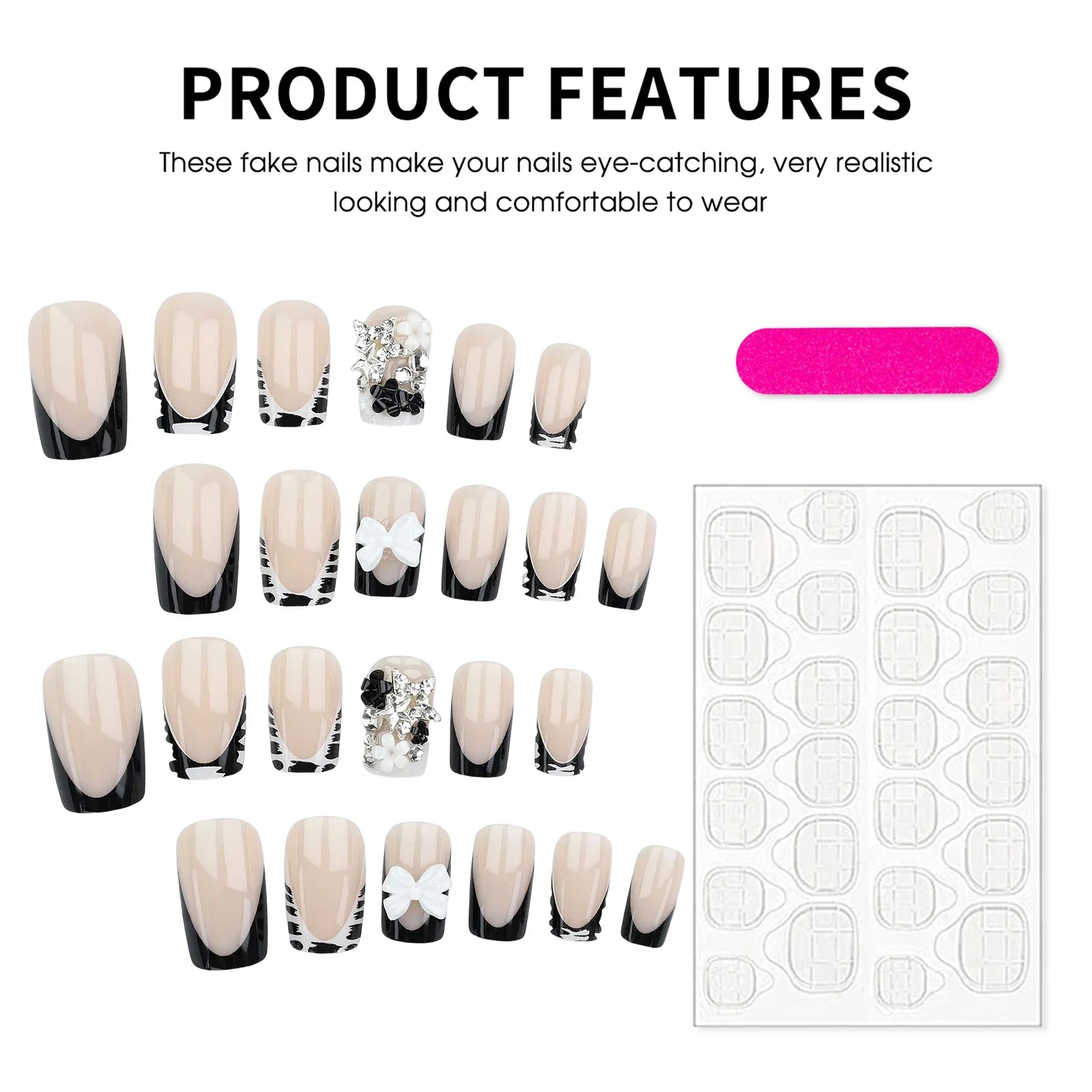 Y2K 24Pcs Set French Style Black & White Tie Dye Polka Dot Press-On Nails, Reusable, With Bowknot, Star Rhinestones, Cute & Chic, Suitable For Dates, Spring, New Year, Christmas, Daily, Birthday, Festival, Spring/Summer New A