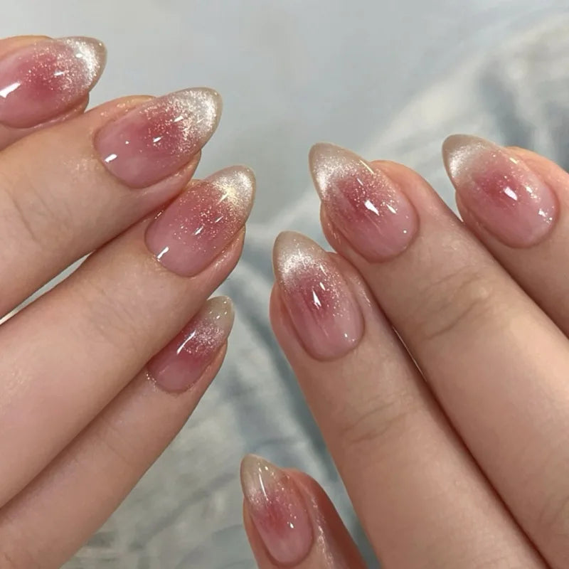 24Pcs Metallic Cat Eye French Sheer Manicure Tip Art Textured 3D Acrylic False Nails Nude Pink Almond Medium Press on Fake Nails