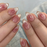 24Pcs Metallic Cat Eye French Sheer Manicure Tip Art Textured 3D Acrylic False Nails Nude Pink Almond Medium Press on Fake Nails