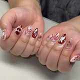 24PCS Medium Almond Press On Nails Wine Red Cute Cartoon Rabbit Bowknot Plaid Pearl False Nails Kawaii Nails Full Cover Wearable