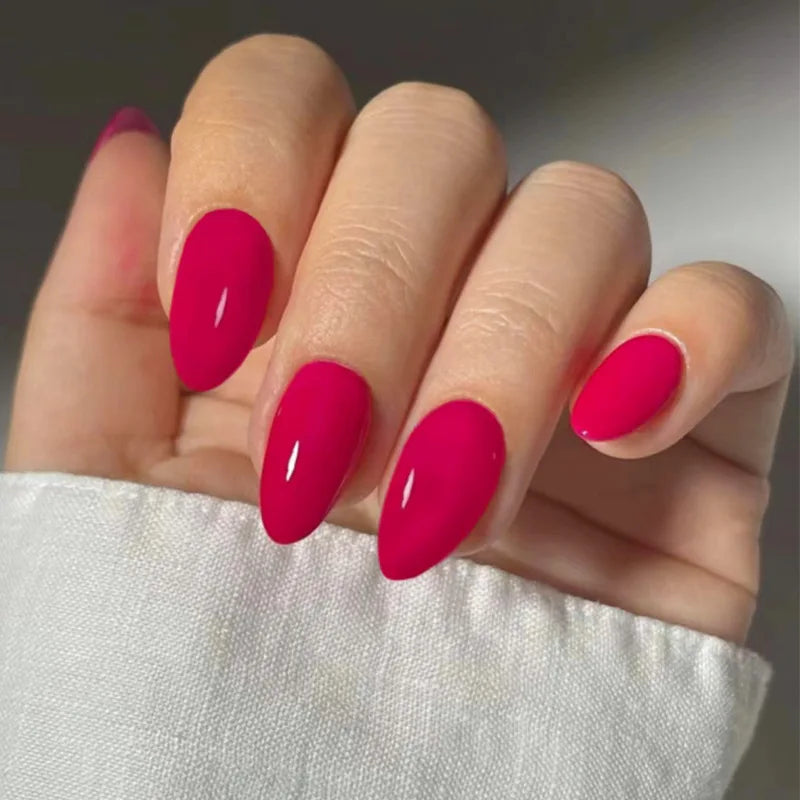 24Pcs Simple Wine Red Fake Nail with Mid-length Design Almond Press on False Nails Wearable Round Head Oval Full Cover Nail Tips