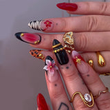 24PCS Pink Almond Press on Nails Full Cover Carved Flower 3D Ripples French Fake Nails for Women with Golden Pearl Wearable Nail