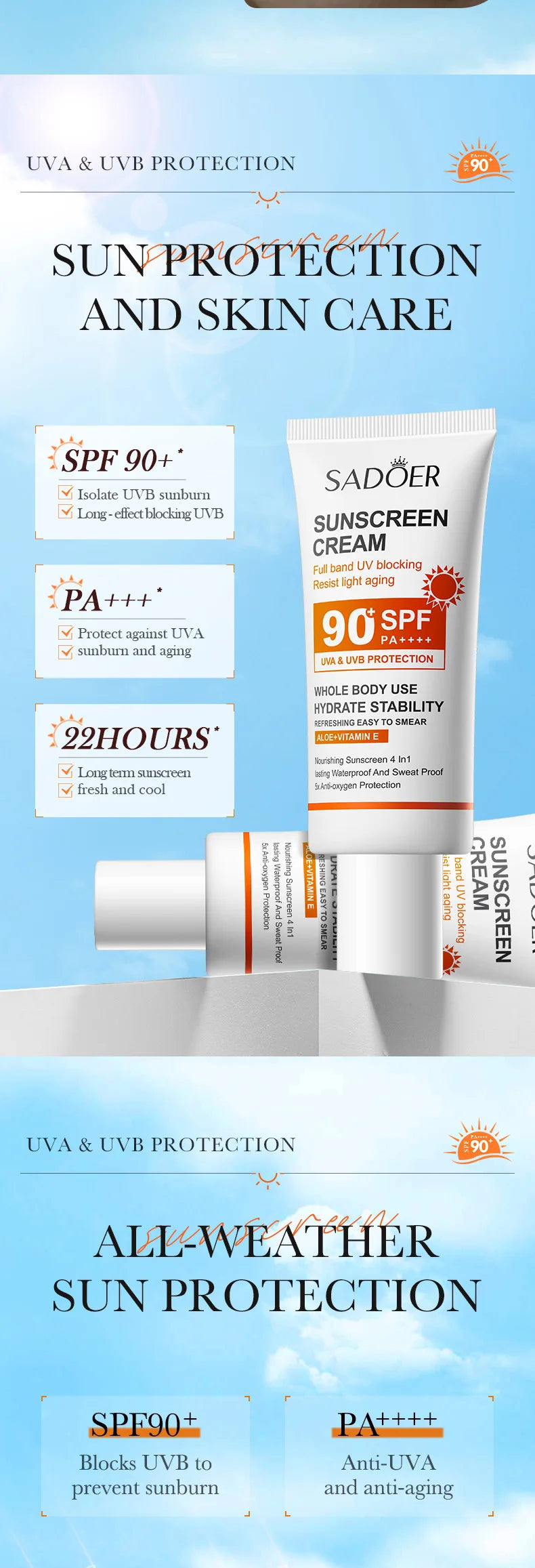 SADOER Spf 90+ Sunscreen For Face Whole Body Use Protector Solar UV Resistant Repairing Solar Blocker Facial Sunscreen