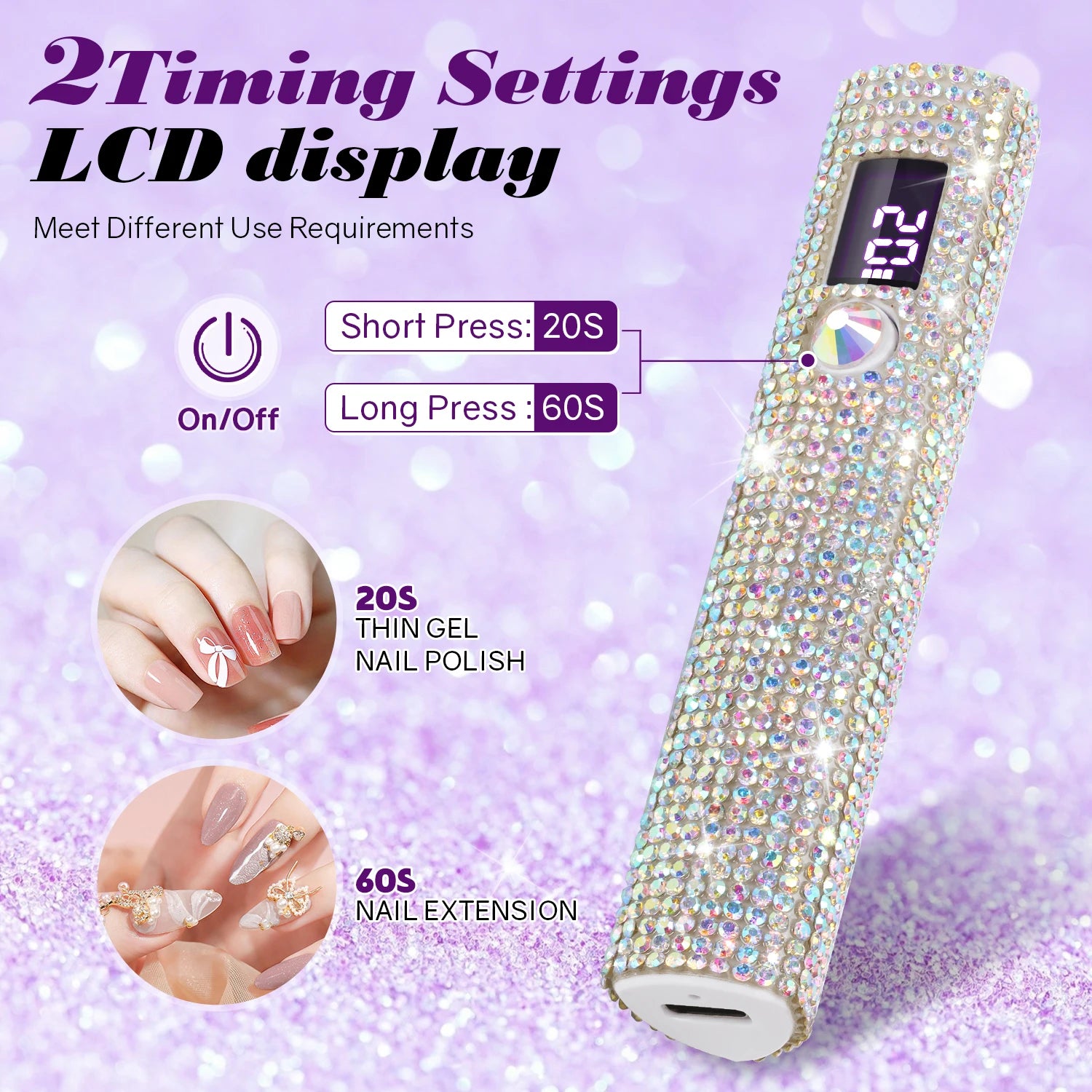 Mini Handheld UV LED Nail Lamp With Diamonds Portable Nail Dryer For Curing Gel Polish With Display Manicure Machine