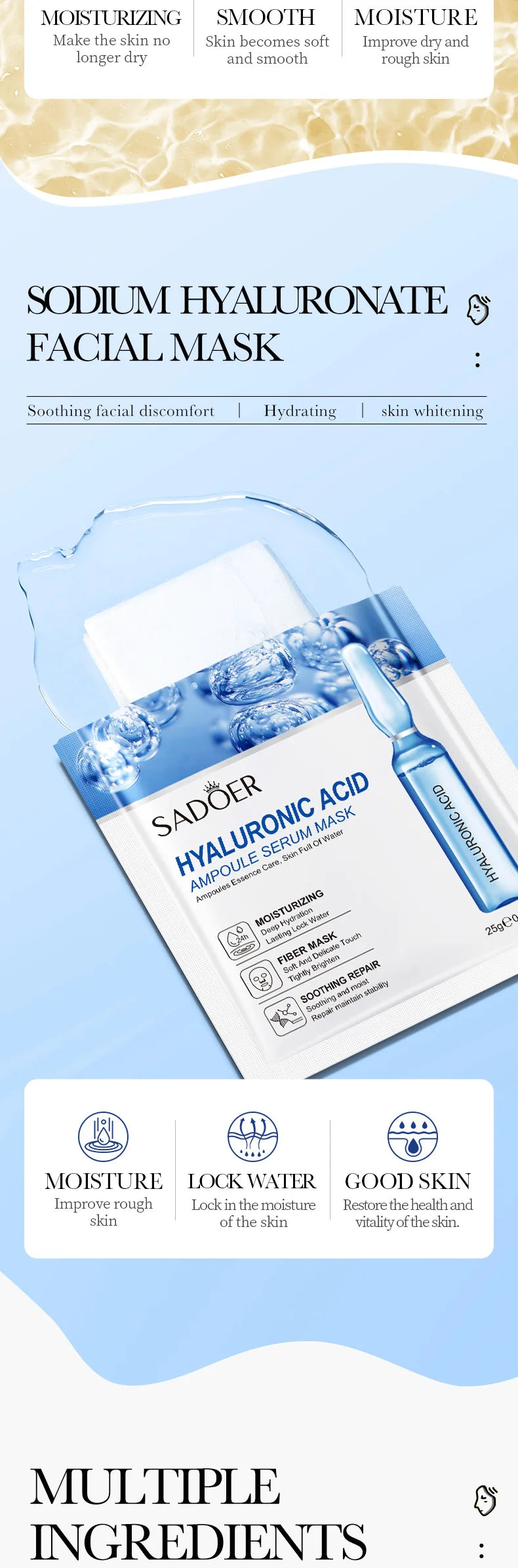 15pcs SADOER 24K Gold Vitamin C Hyaluronic Acid Facial Masks for Face Moisturizing Firming Hydrating Face Mask Facial Skin Care