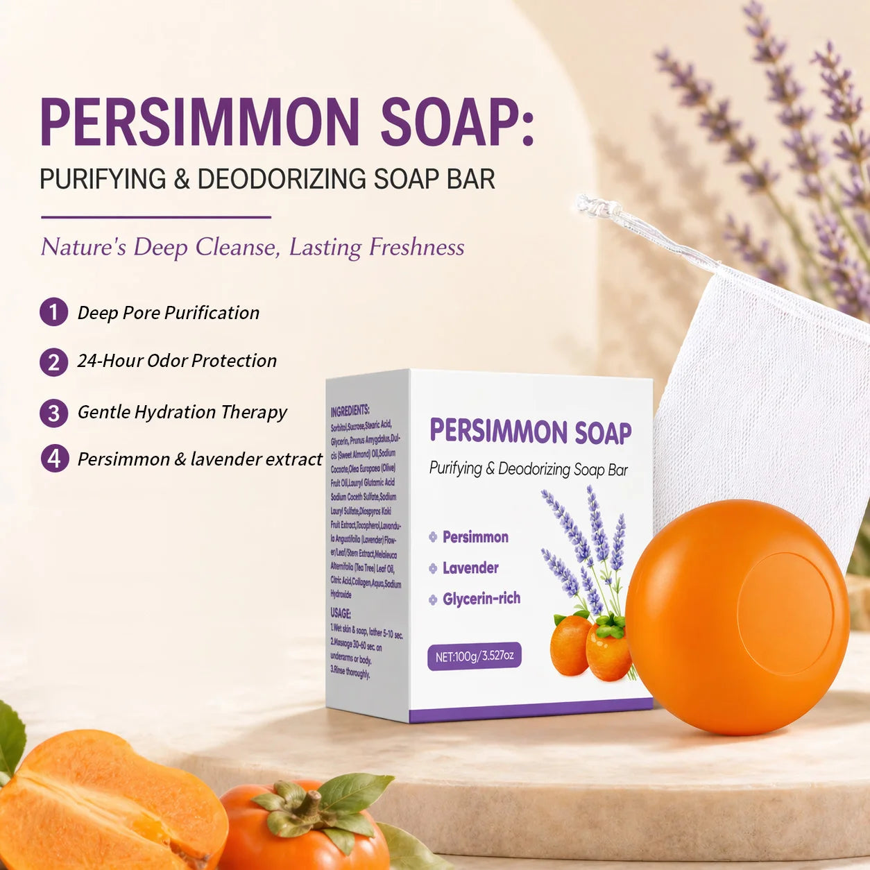 Persimmon Soap Bar Japanese Persimmon & Green Tea Extract For Men and Women Gentle on All Skin Types Deodorizing Soap Rose Scent