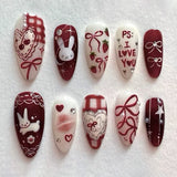 24pcs Wearable Press on Nails Strawberry Bow Design Nails Tips Red Short Almond Pearl Starlight Fake Nail Art Flower False Nails