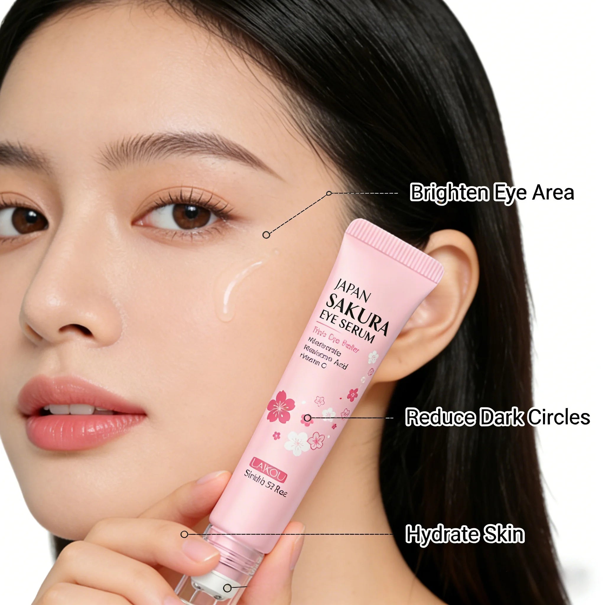LAIKOU Sakura Roller Eye Serum 15ml Moisturizing Eye Care Reduce Dark Circles Puffiness Fine Lines Anti Aging Brightening Eye