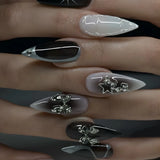 Black Cool Fake Nails Halloween Bat Press on Nails Almond Decorated Nail Tips Rivet Bow False Nails 24pcs Reusable Acrylic Nails