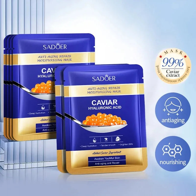 5Pcs Sadoer Caviar Hyaluronic Acid Moisturizing Facial Masks Brightening Firming Hydrating Face Mask Facial Skin Care Products