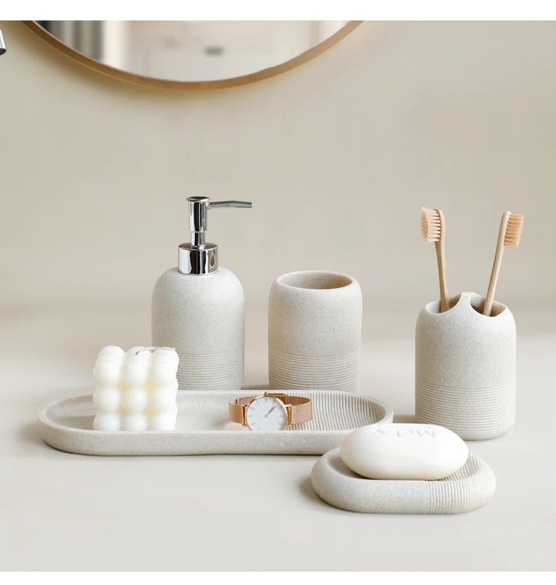 5Pcs athroom Accessories set  Lotion Dispenser Toothbrush Holder Tray Tumbler Cup Soap Dish Beige and Grey