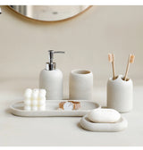 5Pcs athroom Accessories set  Lotion Dispenser Toothbrush Holder Tray Tumbler Cup Soap Dish Beige and Grey