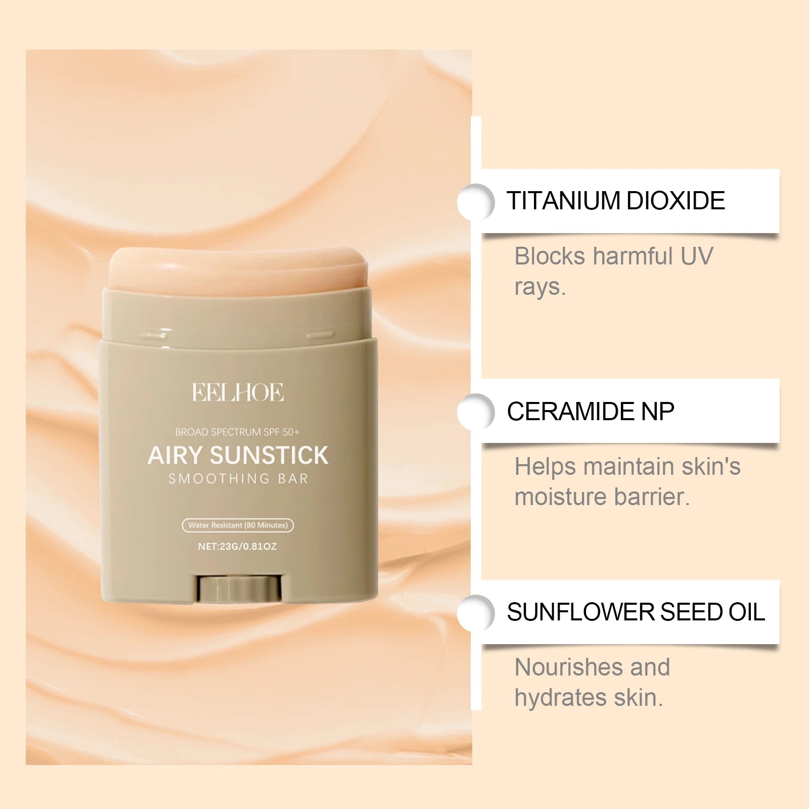 EELHOE 23g Moisturize Airy Sunstick SPF50+ Anti-UV Long-lasting Protector High Coverage Matte Natural Sunscreen Cream Skin Care