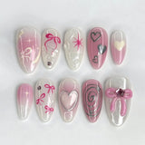 24PCS Medium Almond Press On Nails Wine Red Cute Cartoon Rabbit Bowknot Plaid Pearl False Nails Kawaii Nails Full Cover Wearable