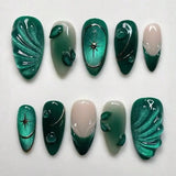 24Pcs Cool-Tone Green Press On Nails 3D Wavy French Cat Eye For Women Party Daily